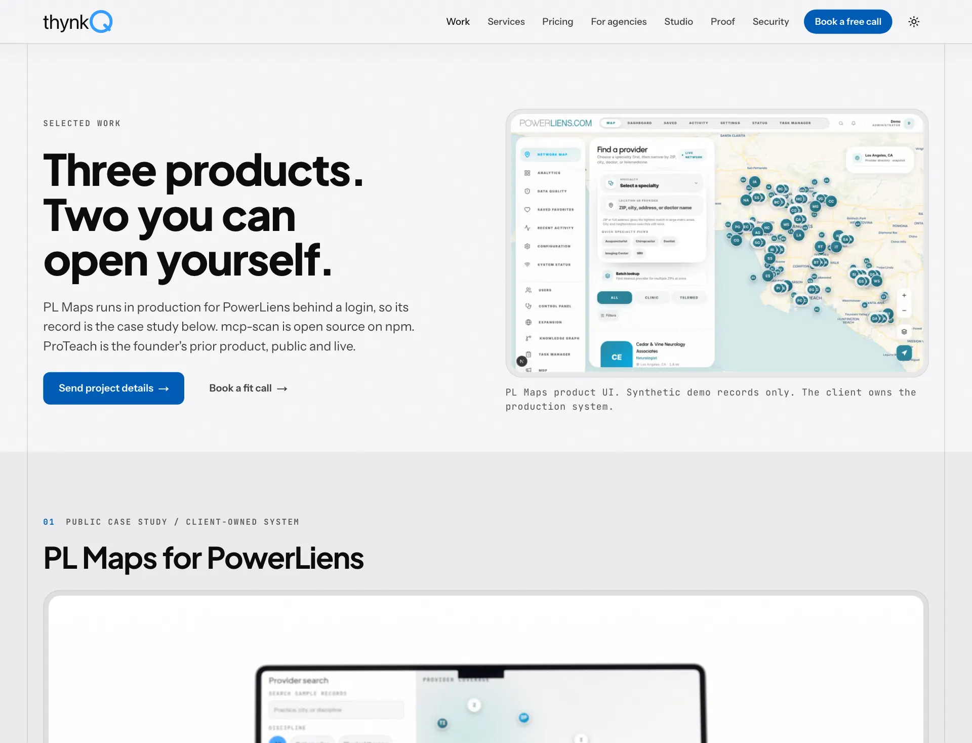 ThynkQ work page showing flagship proof, current work lanes, and buyer routing.