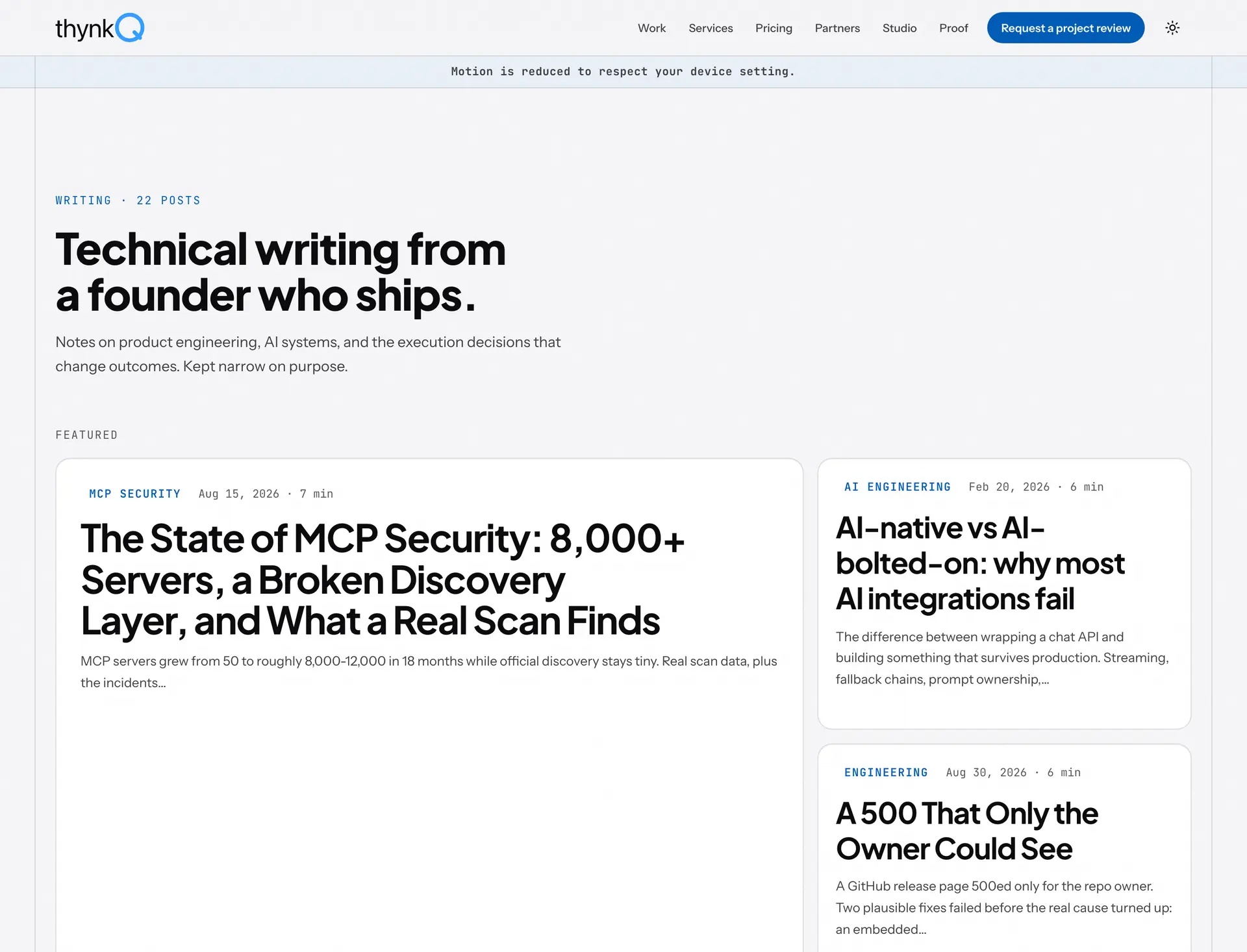ThynkQ writing index showing founder technical articles and public implementation playbooks.