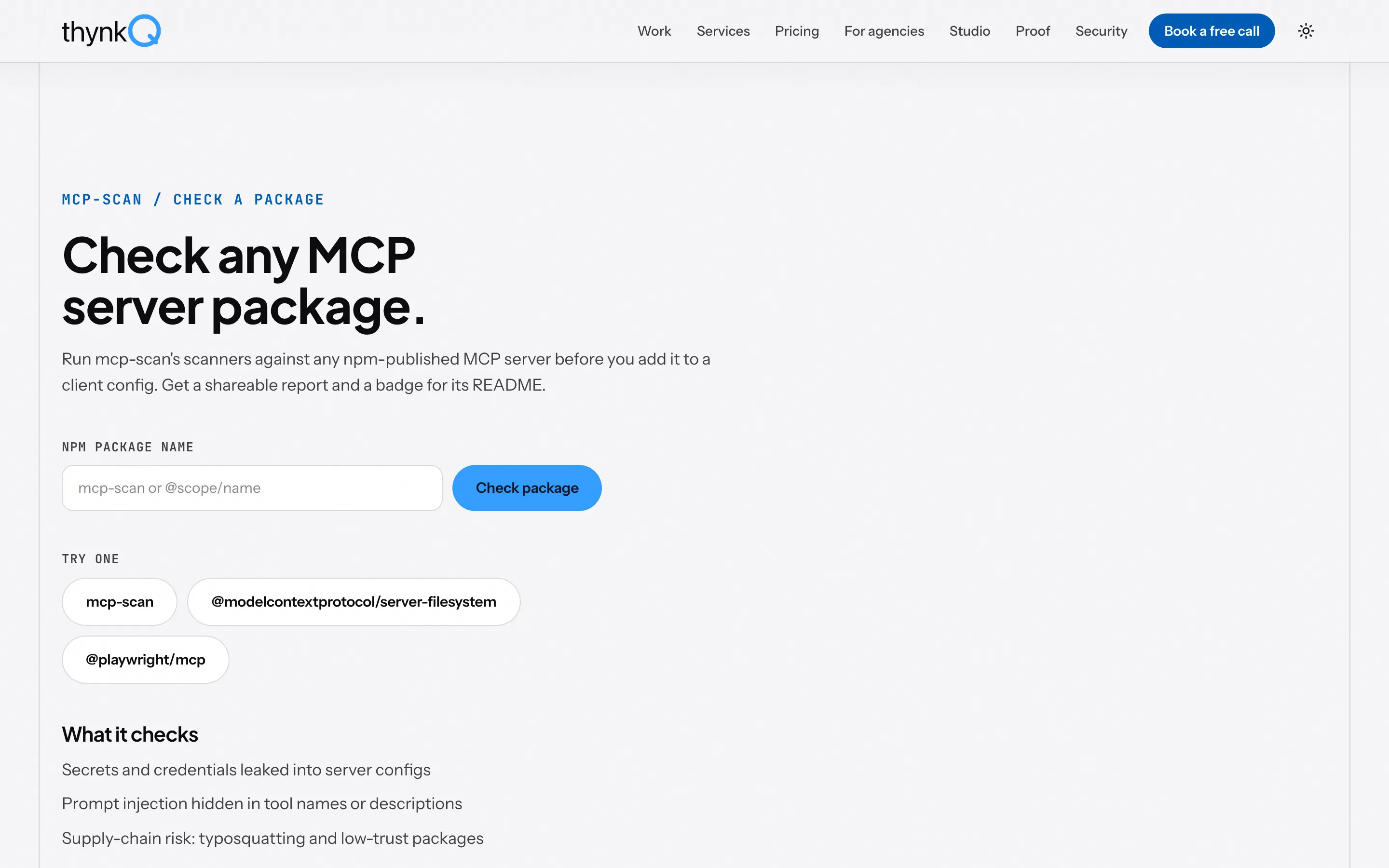 The mcp-scan check surface: a package name field, the Check package button, and the three checks it runs before a server is added to a client config.