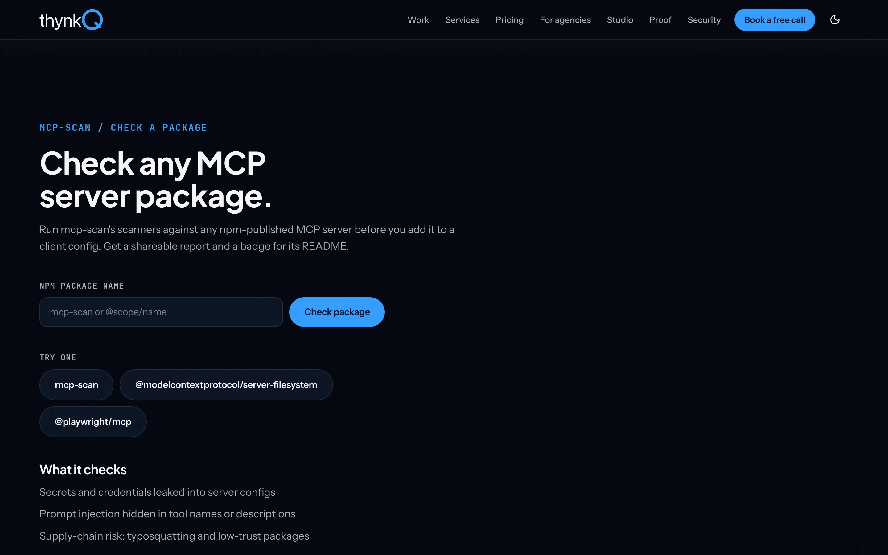 The mcp-scan check surface: a package name field, the Check package button, and the three checks it runs before a server is added to a client config.
