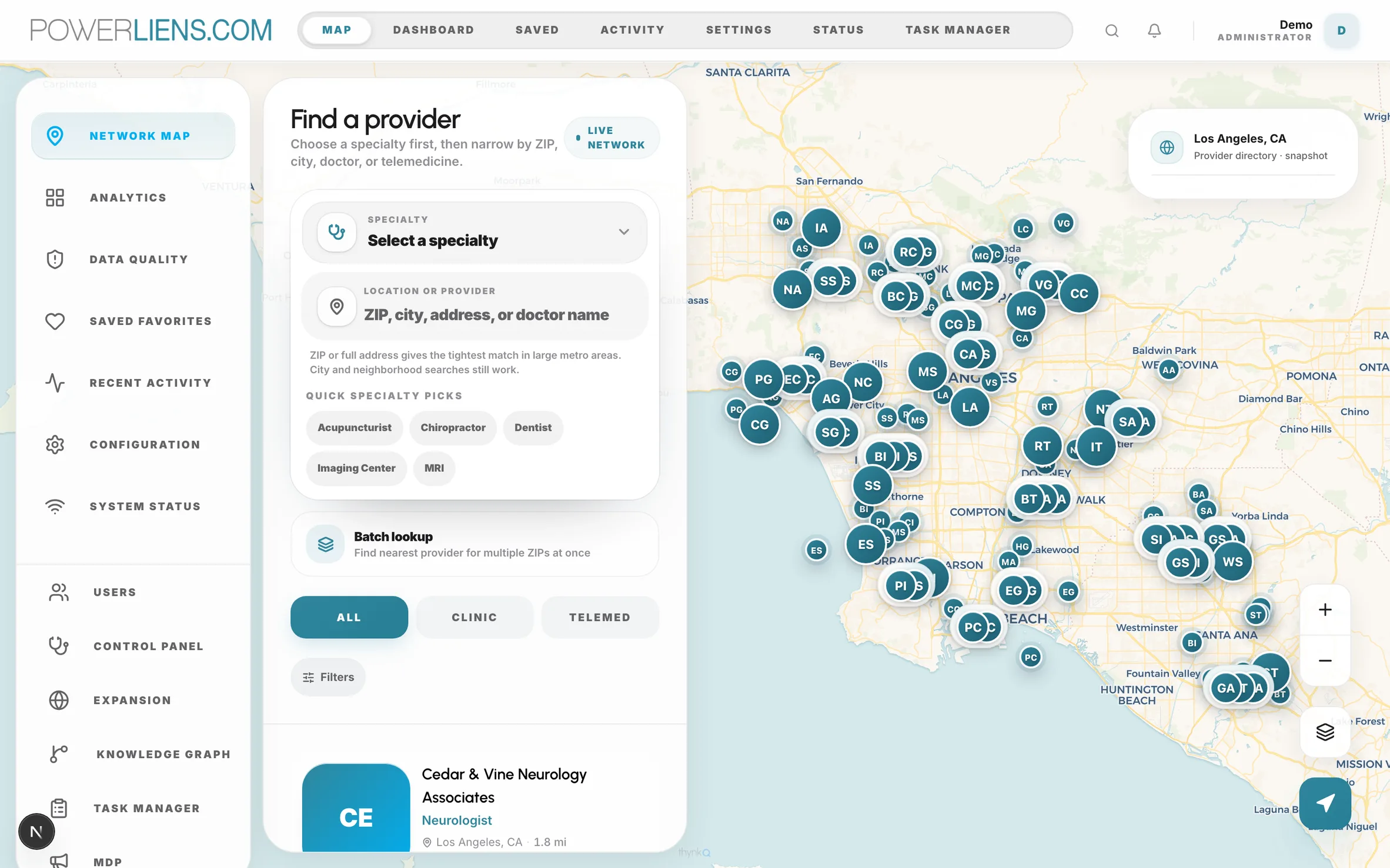 PL Maps product interface: find-a-provider search panel beside a live map of the LA basin dense with clustered provider pins, running on synthetic records