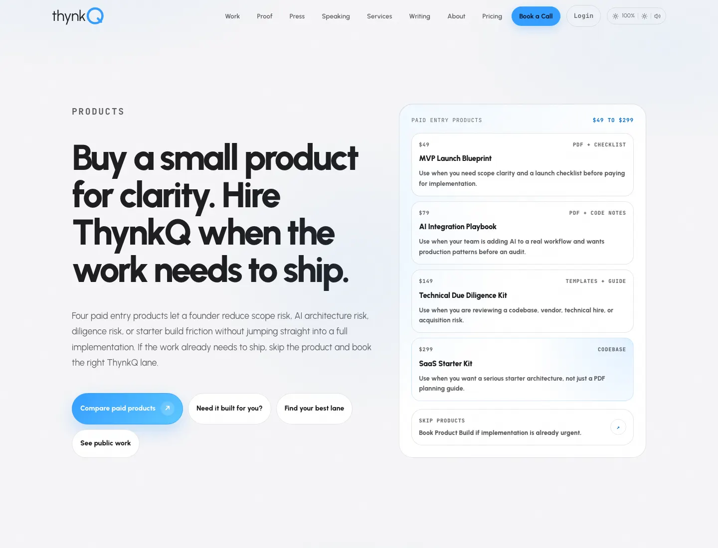 ThynkQ products page showing paid entry products and buyer routing.