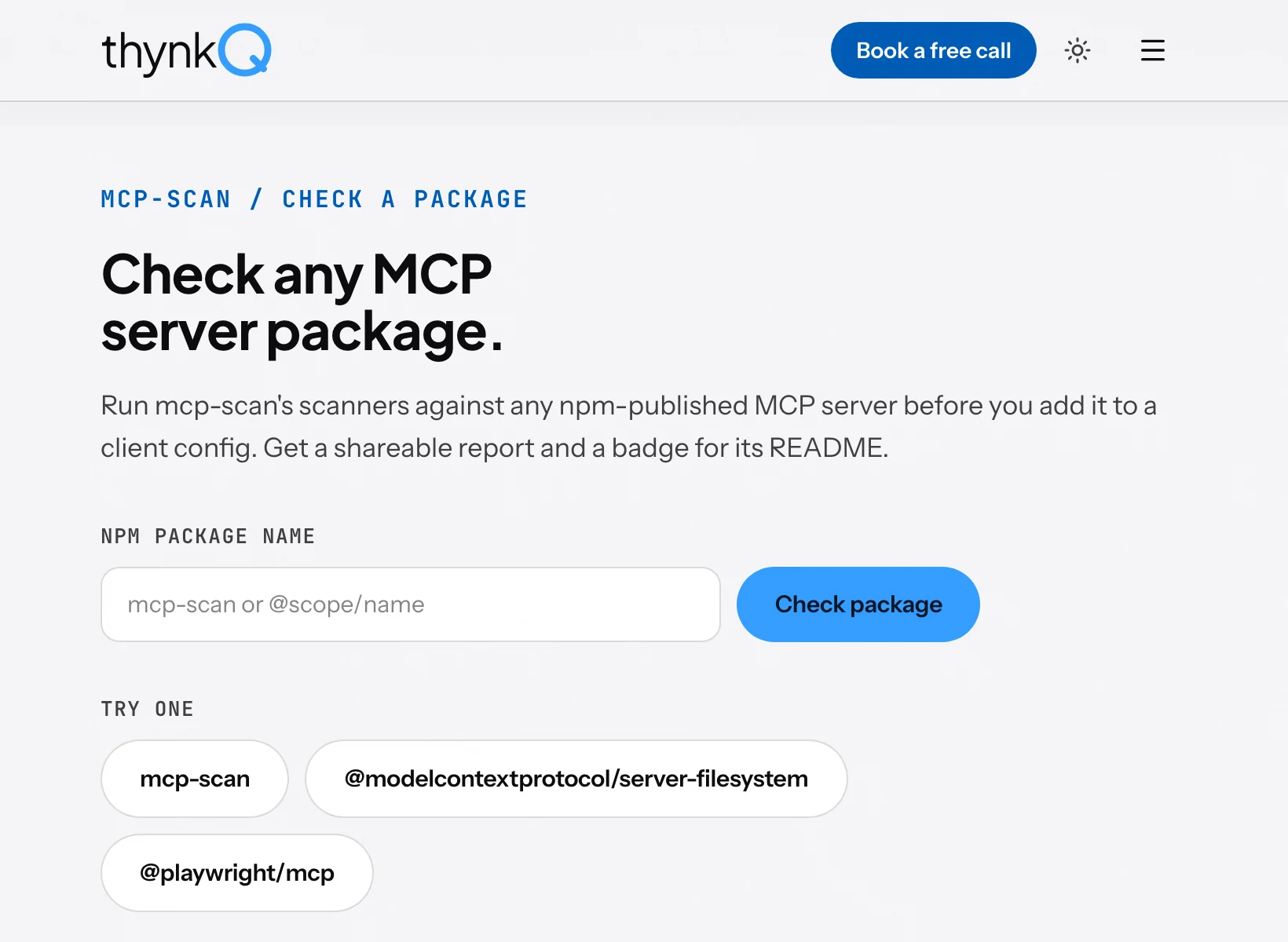 The mcp-scan check surface: a package name field, the Check package button, and three example packages to try.