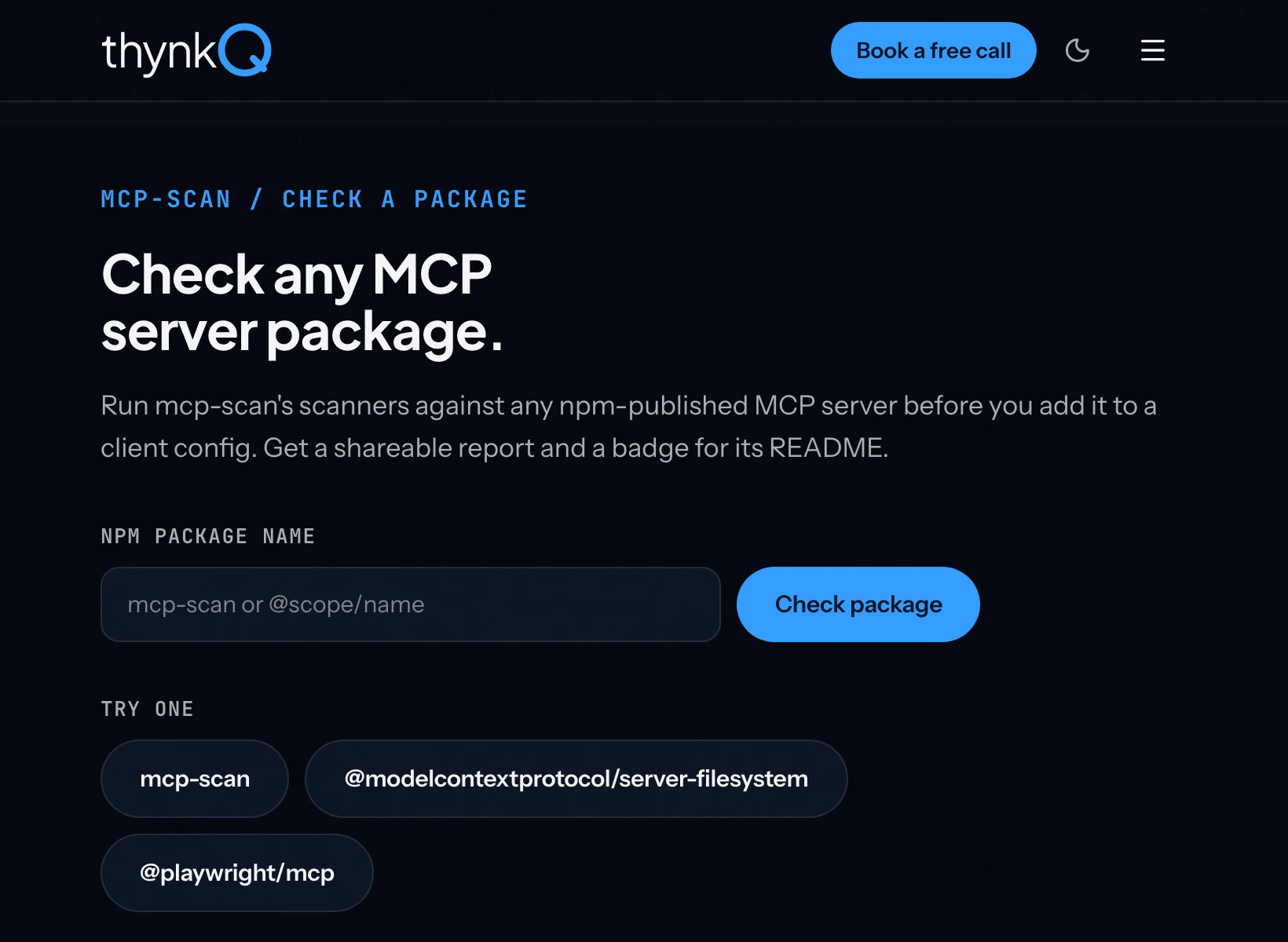 The mcp-scan check surface: a package name field, the Check package button, and three example packages to try.