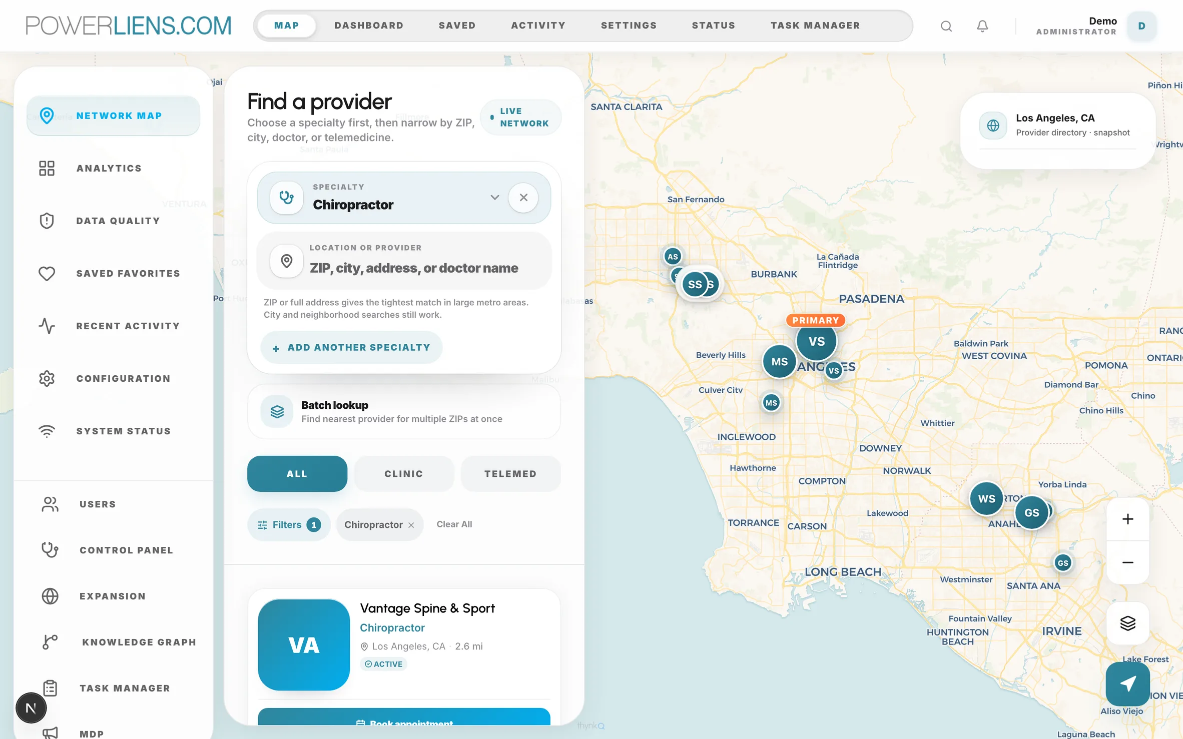 PL Maps product interface filtered to Chiropractor: result cards with specialty, distance, and a book-appointment action, running on synthetic records