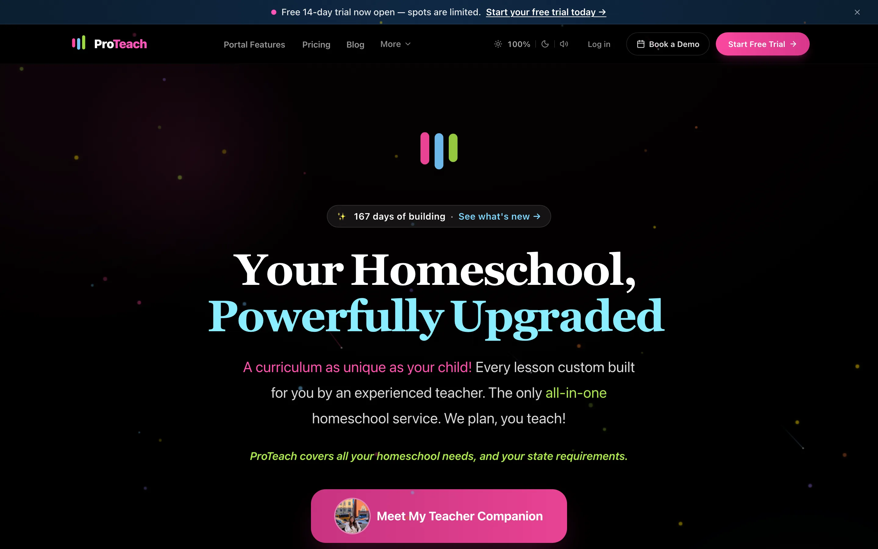 ProTeach home page hero for custom, teacher-built homeschool lessons, captured from the public product surface